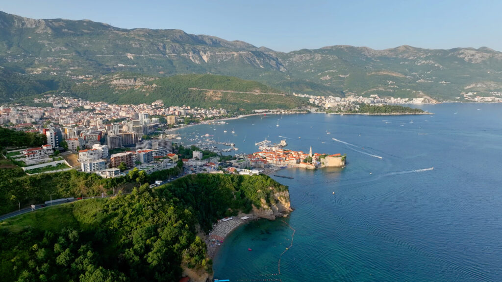 aerial view of an island and sea coastline
