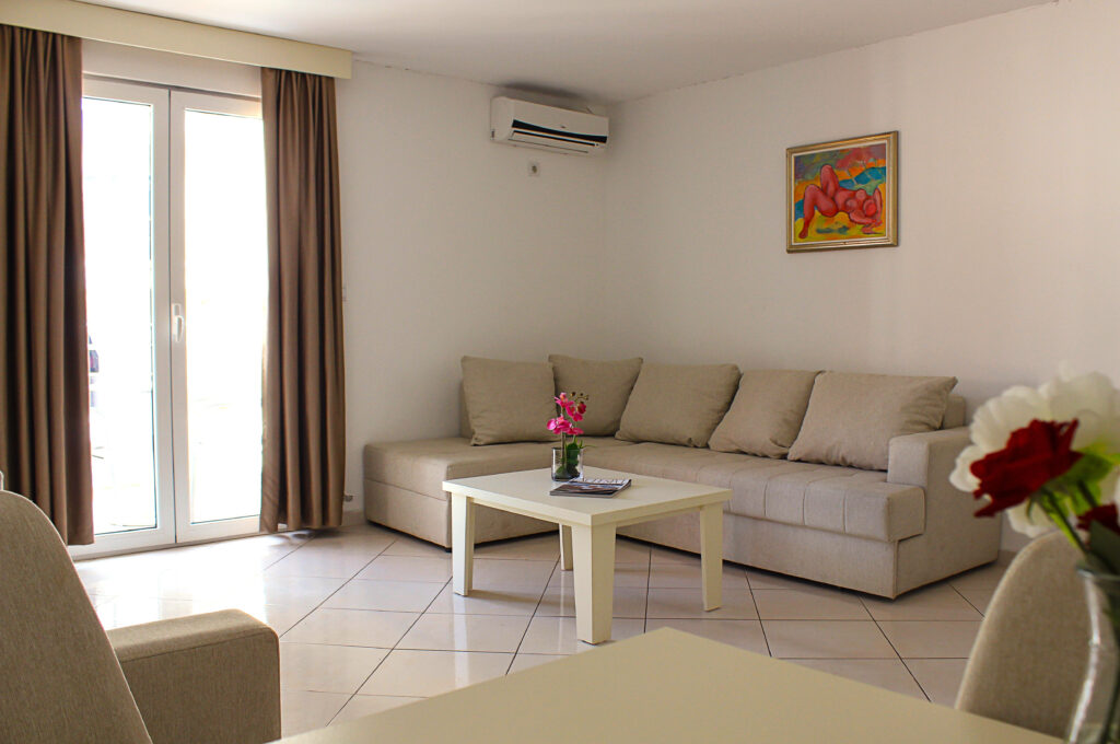 sofa and coffee table in a hotel room